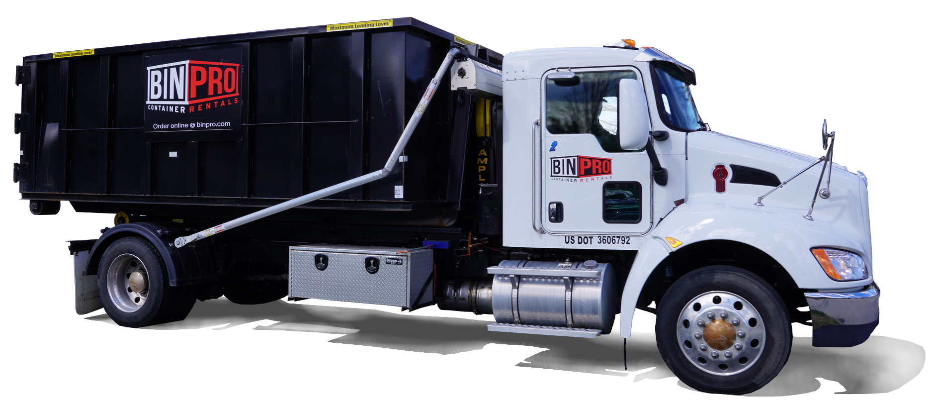 Bin Pro truck delivering a roll-off dumpster